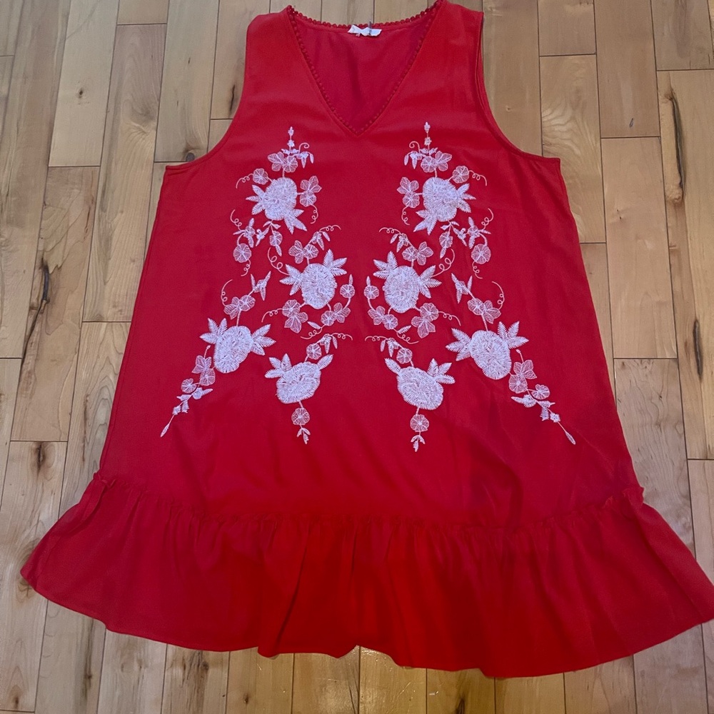 Women’s Boutique Red Sleeveless Ruffle Dress with Floral Embroidery